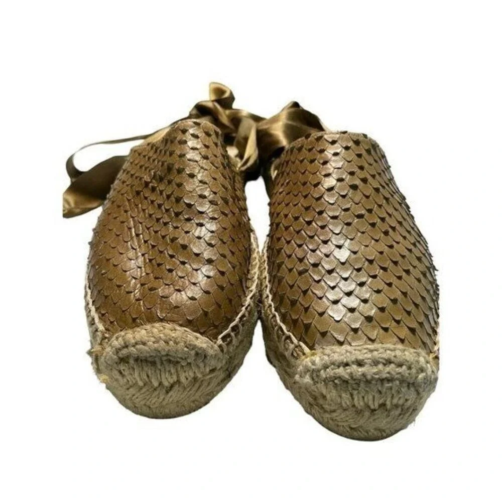Sam Edelman Tan Scaled Lace Up Ankle Tie Espadrille Flats Brown Women Shoes‎ 38